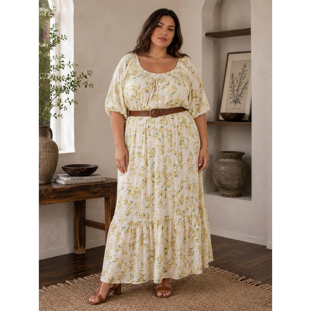 PLACE Womens XXL Yellow Floral Smocked Waist Tiered Rayon Maxi Dress